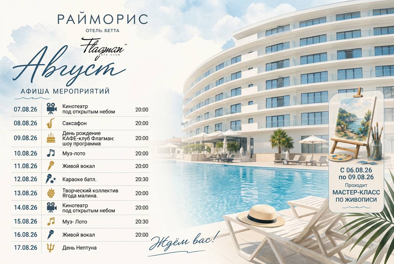 Афиша мероприятий на август в отеле Райморис Бетта