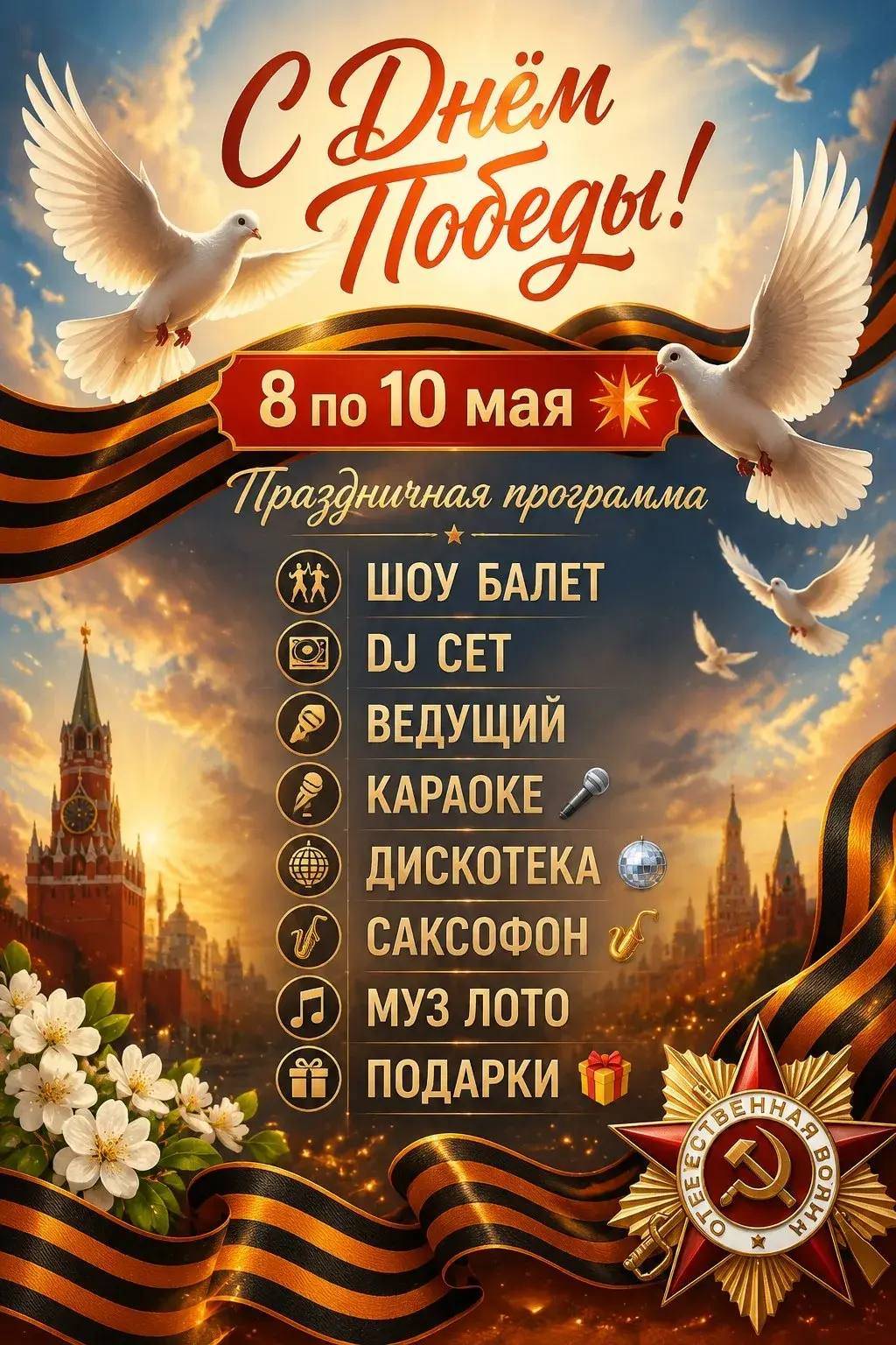 Афиша праздника Победы в Райморис 8–10 мая 2026