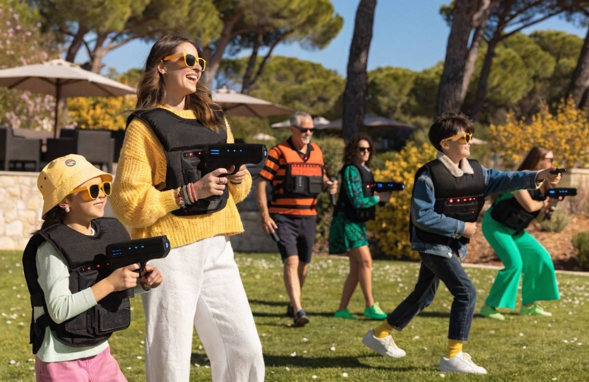 Группа людей разных возрастов весело играет в лазертаг на открытом воздухе