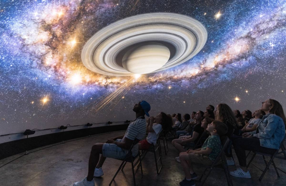 Взрослые и дети внутри мобильного купольного планетария смотрят на полнокупольную проекцию галактики и колец Сатурна