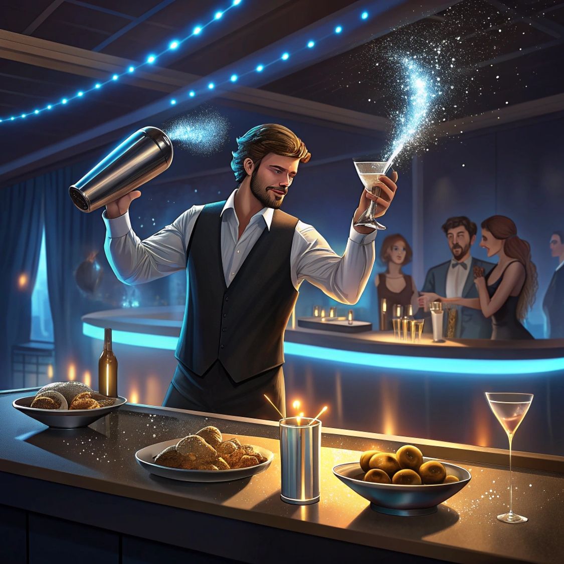 Цифровая иллюстрация. Уверенный бармен в жилетке готовит синие коктейли к празднованию Дня защитника Отечества в отеле Райморис, Геленджик, Бетта.